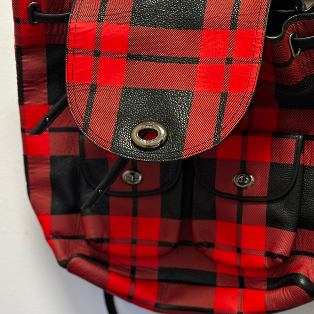 Coach Red and Black Plaid Backpack! UEC. Pockets on the front. - Picture 10 of 13